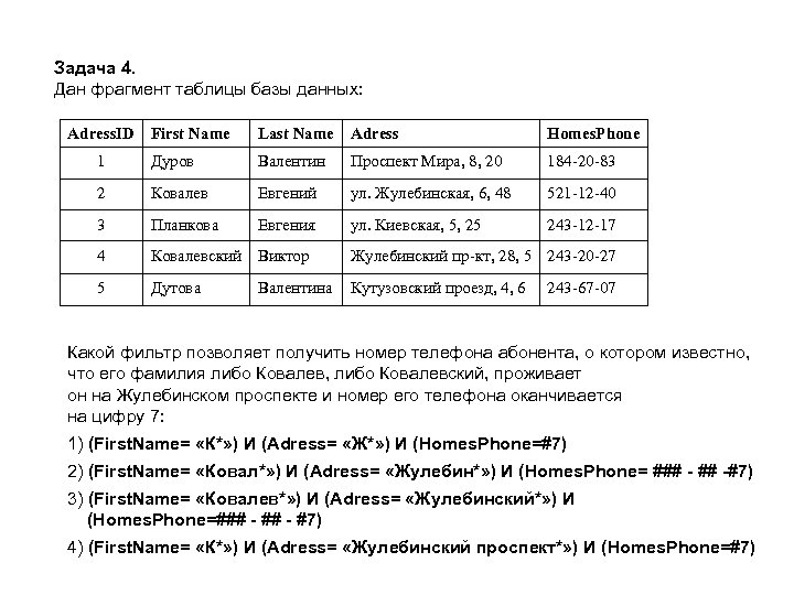 Задача 4. Дан фрагмент таблицы базы данных: Adress. ID First Name Last Name Adress