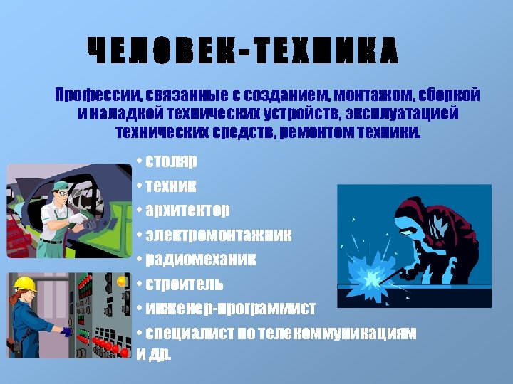 ЧЕЛОBЕК-ТЕХНИКА Профессии, связанные с созданием, монтажом, сборкой и наладкой технических устройств, эксплуатацией технических средств,