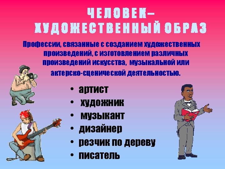 ЧЕЛОВЕК– ХУДОЖЕСТВЕННЫЙ ОБРАЗ Профессии, связанные с созданием художественных произведений, с изготовлением различных произведений искусства,