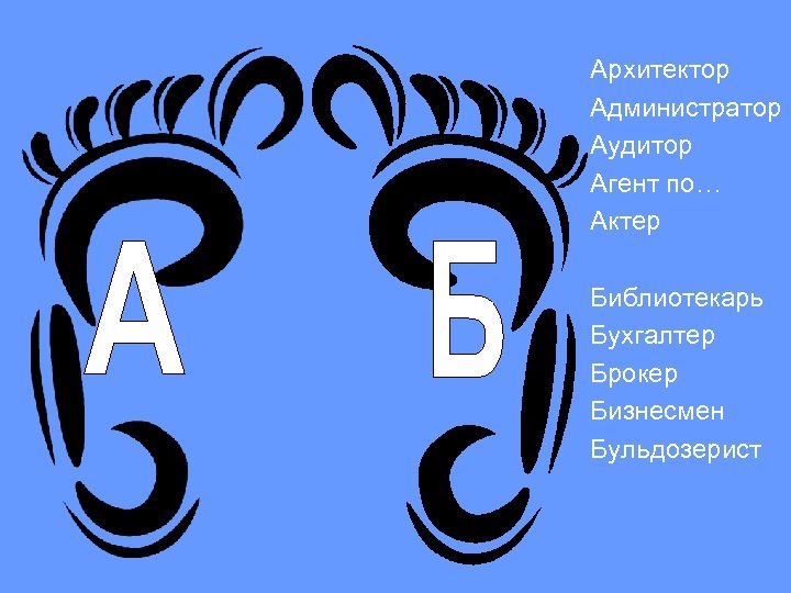 Архитектор Администратор Аудитор Агент по… Актер Библиотекарь Бухгалтер Брокер Бизнесмен Бульдозерист 