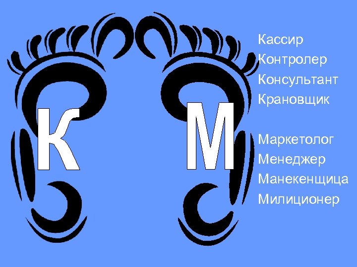 Кассир Контролер Консультант Крановщик Маркетолог Менеджер Манекенщица Милиционер 