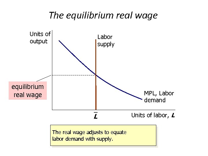 The equilibrium real wage Units of output Labor supply equilibrium real wage MPL, Labor