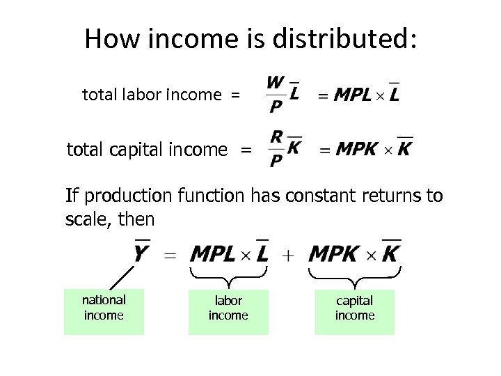 How income is distributed: total labor income = total capital income = If production