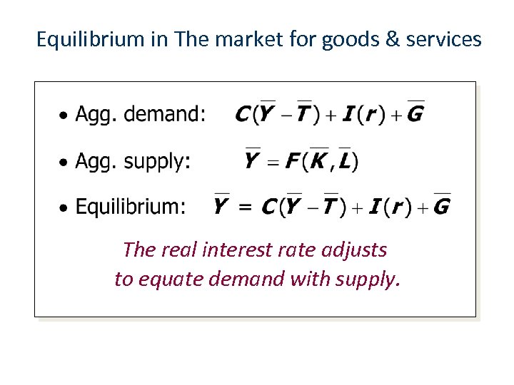Equilibrium in The market for goods & services The real interest rate adjusts to