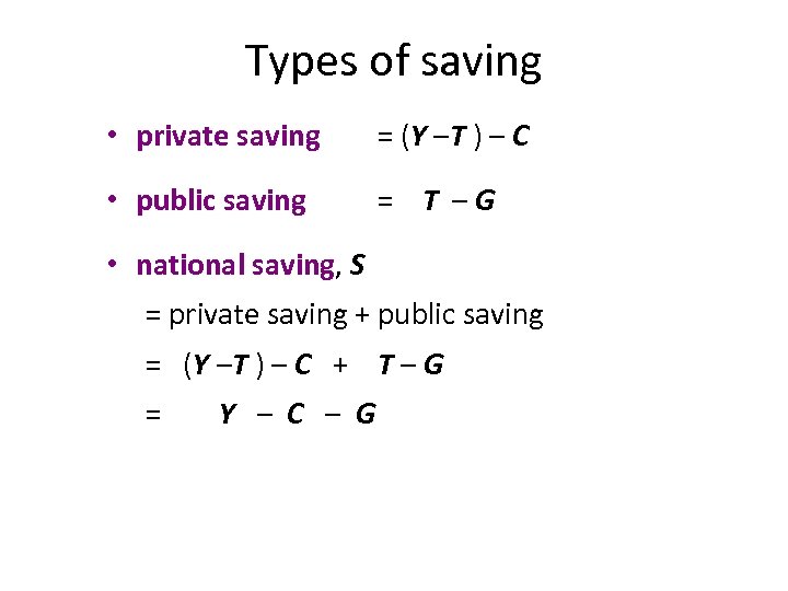 Types of saving • private saving = (Y –T ) – C • public