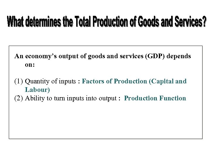 An economy’s output of goods and services (GDP) depends on: (1) Quantity of inputs