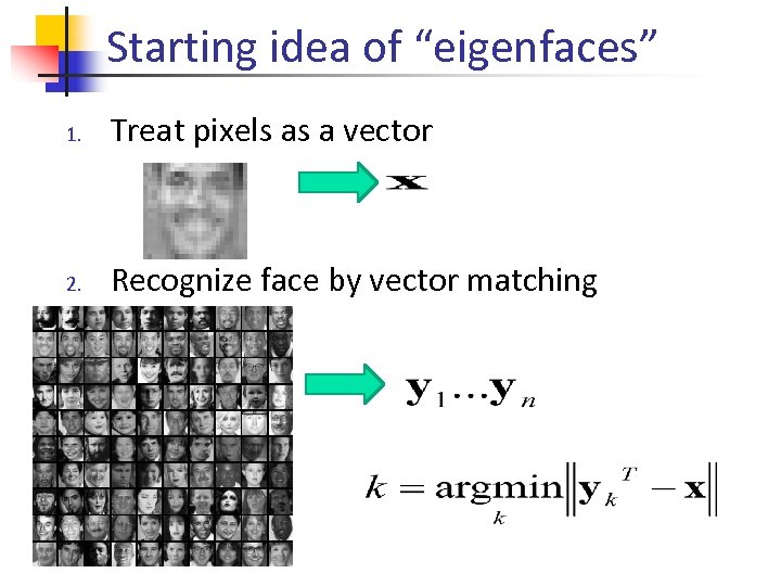 Starting idea of “eigenfaces” 1. Treat pixels as a vector 2. Recognize face by
