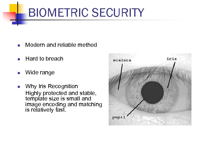 BIOMETRIC SECURITY n Modern and reliable method n Hard to breach n Wide range