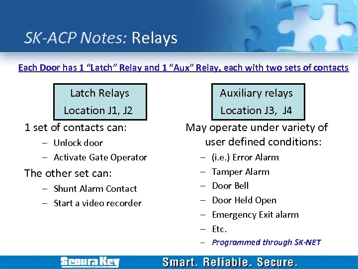 SK-ACP Notes: Relays Each Door has 1 “Latch” Relay and 1 “Aux” Relay, each