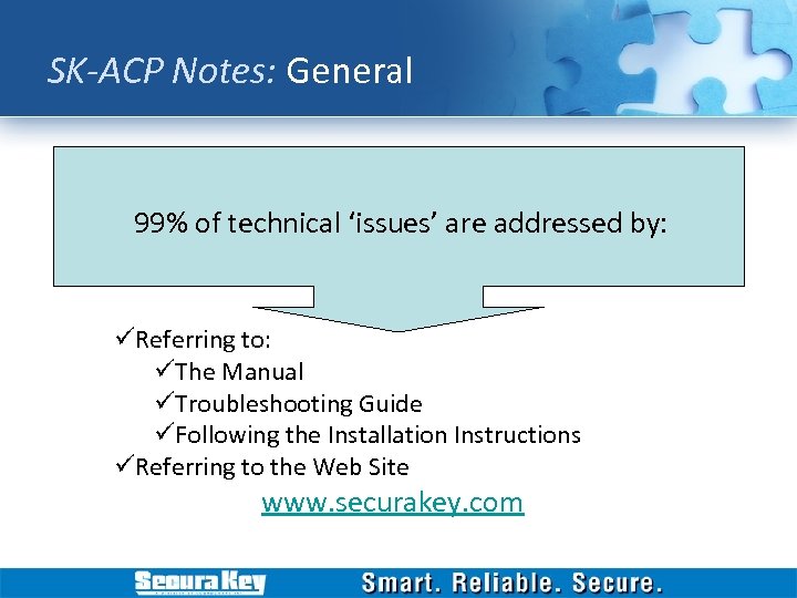 SK-ACP Notes: General 99% of technical ‘issues’ are addressed by: üReferring to: üThe Manual