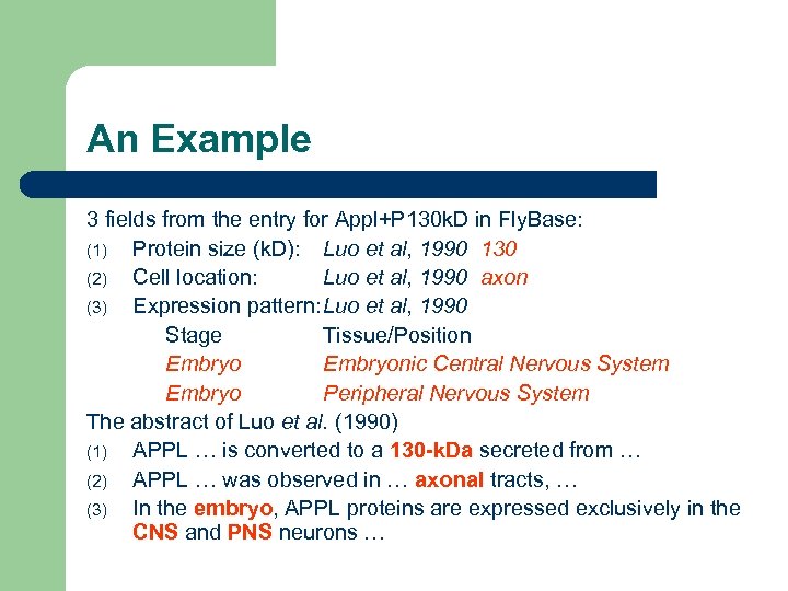 An Example 3 fields from the entry for Appl+P 130 k. D in Fly.