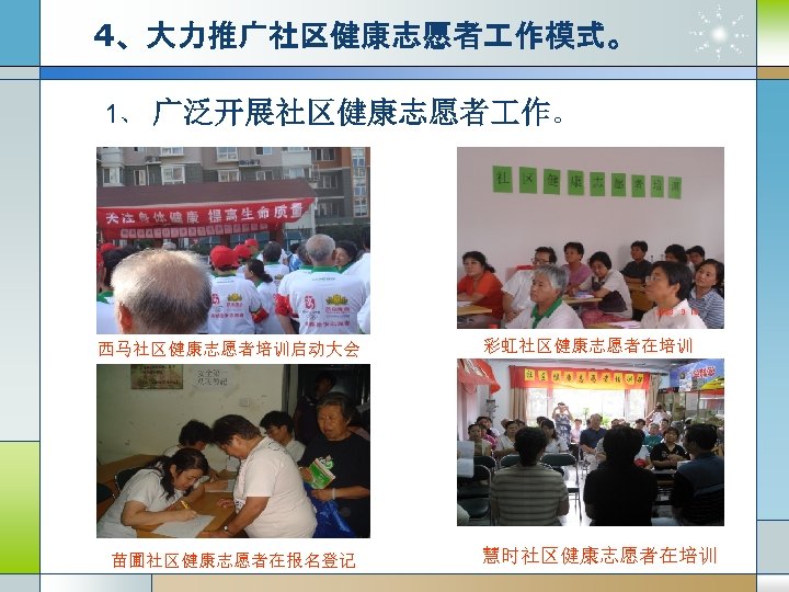 4、大力推广社区健康志愿者 作模式。 1、 广泛开展社区健康志愿者 作。 西马社区健康志愿者培训启动大会 苗圃社区健康志愿者在报名登记 彩虹社区健康志愿者在培训 慧时社区健康志愿者在培训 