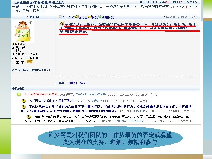 许多网民对我们团队的 作从最初的否定或观望 变为现在的支持、理解、鼓励和参与 