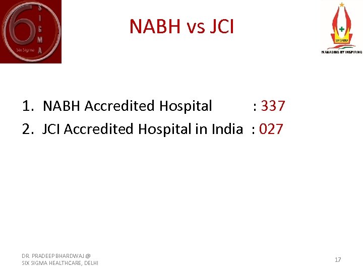 NABH vs JCI 1. NABH Accredited Hospital : 337 2. JCI Accredited Hospital in