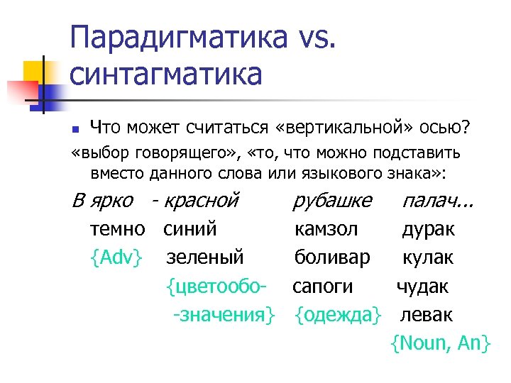 Парадигматика vs. синтагматика n Что может считаться «вертикальной» осью? «выбор говорящего» , «то, что