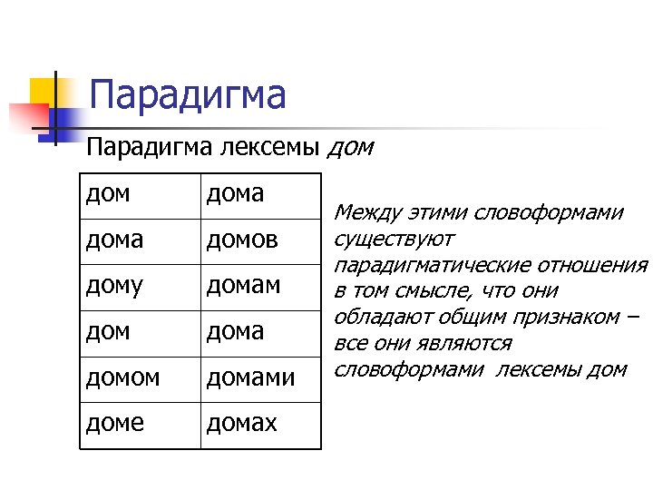 Парадигма лексемы дом дома домов дому домам дома домом домами доме домах Между этими