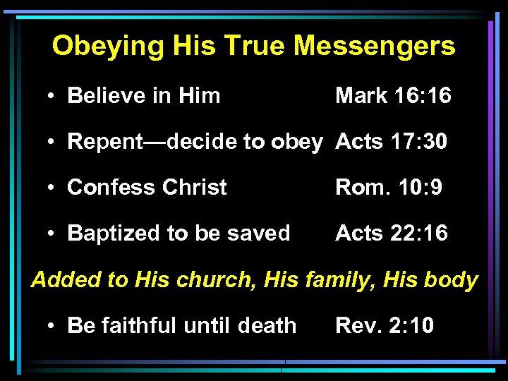 Obeying His True Messengers • Believe in Him Mark 16: 16 • Repent—decide to