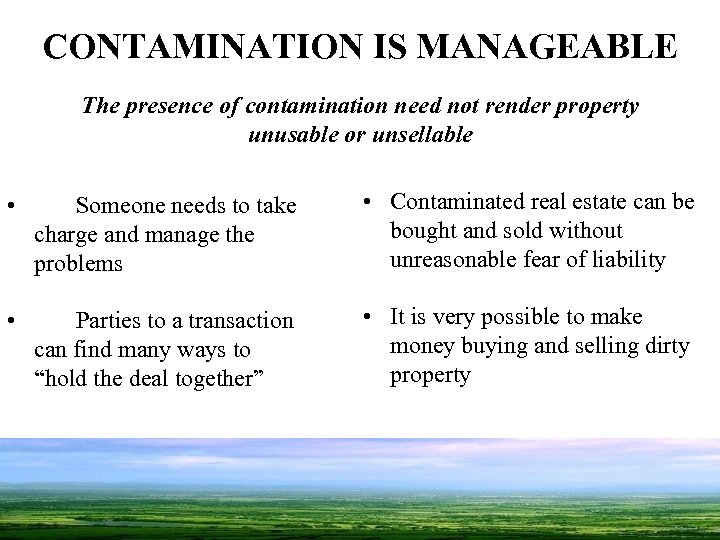 CONTAMINATION IS MANAGEABLE The presence of contamination need not render property unusable or unsellable