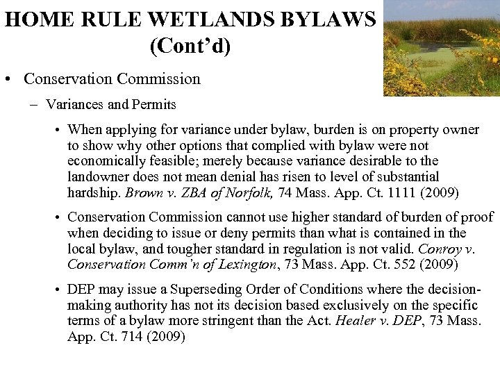 HOME RULE WETLANDS BYLAWS (Cont’d) • Conservation Commission – Variances and Permits • When