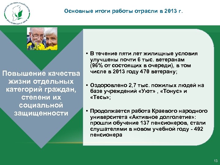 Основные итоги работы отрасли в 2013 г. Повышение качества жизни отдельных категорий граждан, степени
