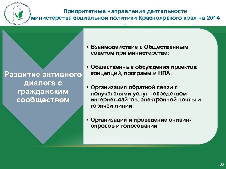 Приоритетные направления деятельности министерства социальной политики Красноярского края на 2014 г. • Взаимодействие с
