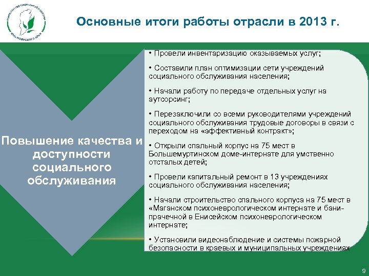 Основные итоги работы отрасли в 2013 г. • Провели инвентаризацию оказываемых услуг; • Составили