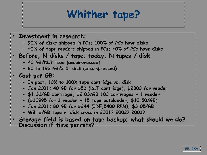 Whither tape? • Investment in research: – 90% of disks shipped in PCs; 100%
