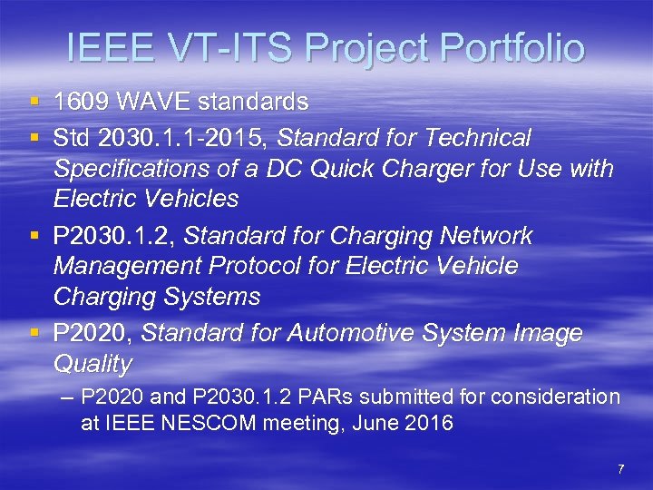IEEE VT-ITS Project Portfolio § 1609 WAVE standards § Std 2030. 1. 1 -2015,