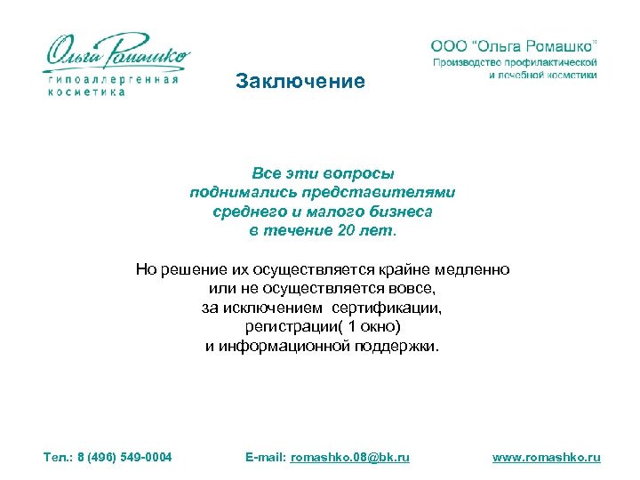 Заключение Все эти вопросы поднимались представителями среднего и малого бизнеса в течение 20 лет.