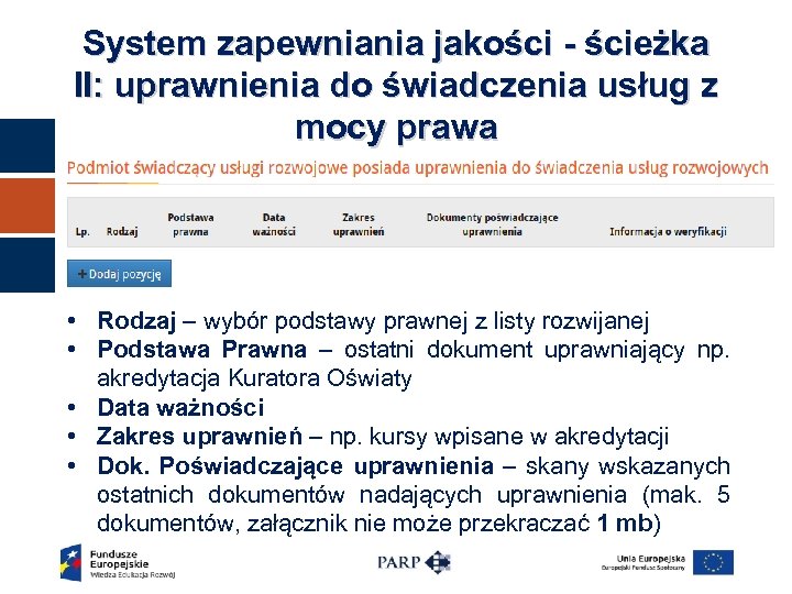 System zapewniania jakości - ścieżka II: uprawnienia do świadczenia usług z mocy prawa •