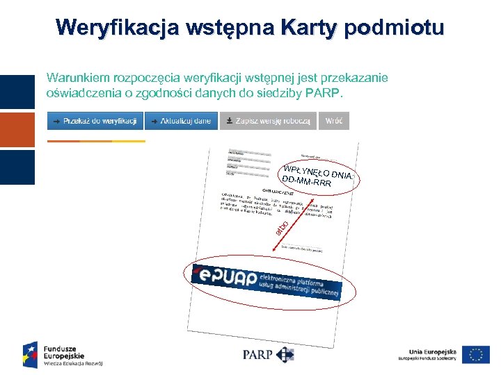 Weryfikacja wstępna Karty podmiotu Warunkiem rozpoczęcia weryfikacji wstępnej jest przekazanie oświadczenia o zgodności danych