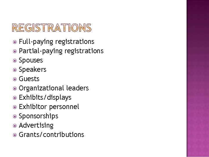 Full-paying registrations Partial-paying registrations Spouses Speakers Guests Organizational leaders Exhibits/displays Exhibitor personnel Sponsorships Advertising