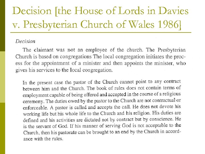Decision [the House of Lords in Davies v. Presbyterian Church of Wales 1986] 