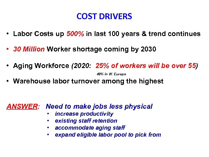 COST DRIVERS • Labor Costs up 500% in last 100 years & trend continues