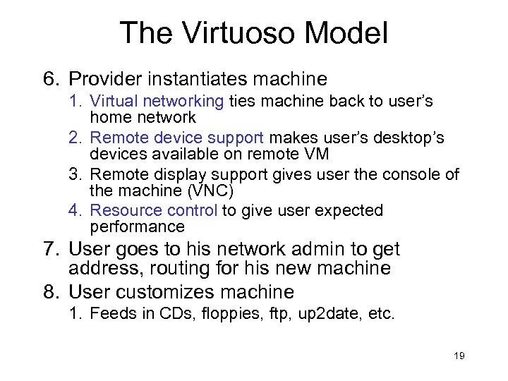 The Virtuoso Model 6. Provider instantiates machine 1. Virtual networking ties machine back to