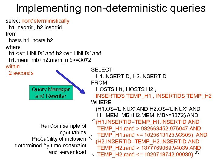 Implementing non-deterministic queries select nondeterministically h 1. insertid, h 2. insertid from hosts h
