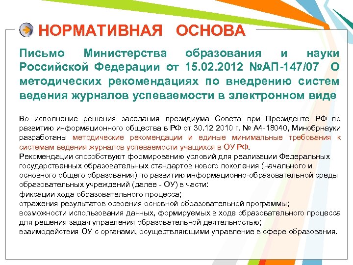 НОРМАТИВНАЯ ОСНОВА Письмо Министерства образования и науки Российской Федерации от 15. 02. 2012 №АП-147/07