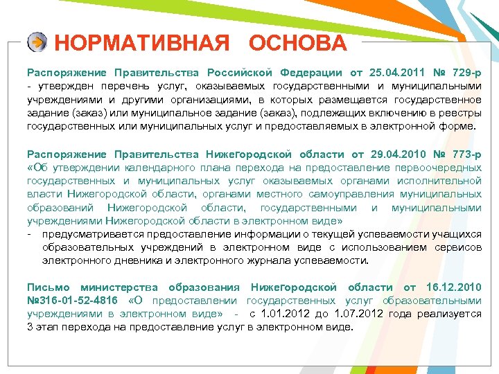 НОРМАТИВНАЯ ОСНОВА Распоряжение Правительства Российской Федерации от 25. 04. 2011 № 729 -р -