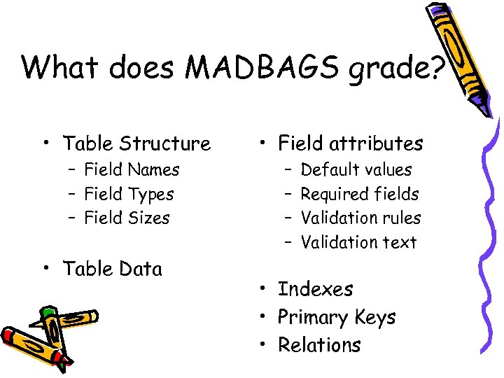 What does MADBAGS grade? • Table Structure – Field Names – Field Types –