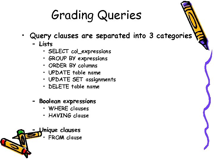 Grading Queries • Query clauses are separated into 3 categories – Lists • •