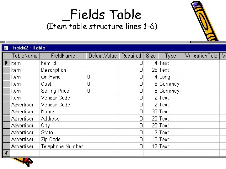 _Fields Table (Item table structure lines 1 -6) 