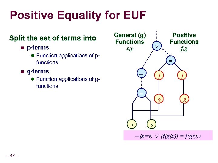 Positive Equality for EUF Split the set of terms into n p-terms General (g)