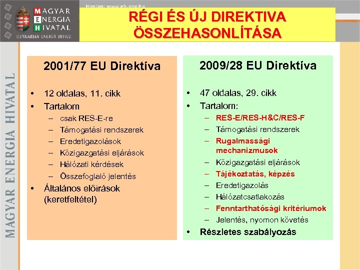 RÉGI ÉS ÚJ DIREKTIVA ÖSSZEHASONLÍTÁSA 2009/28 EU Direktíva 2001/77 EU Direktíva • • 12