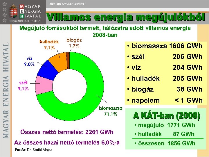 Megújuló forrásokból termelt, hálózatra adott villamos energia 2008 -ban • biomassza 1606 GWh •