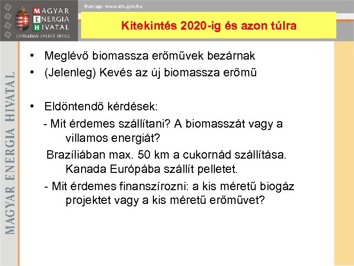 Kitekintés 2020 -ig és azon túlra • Meglévő biomassza erőművek bezárnak • (Jelenleg) Kevés