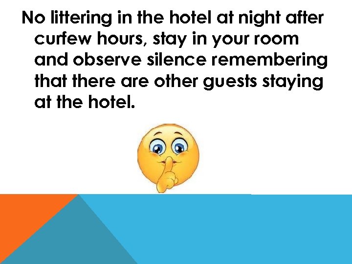 No littering in the hotel at night after curfew hours, stay in your room
