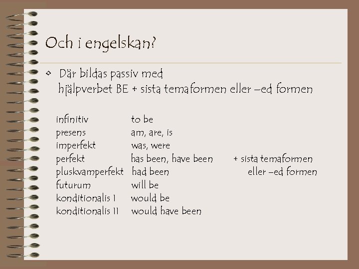 Och i engelskan? • Där bildas passiv med hjälpverbet BE + sista temaformen eller