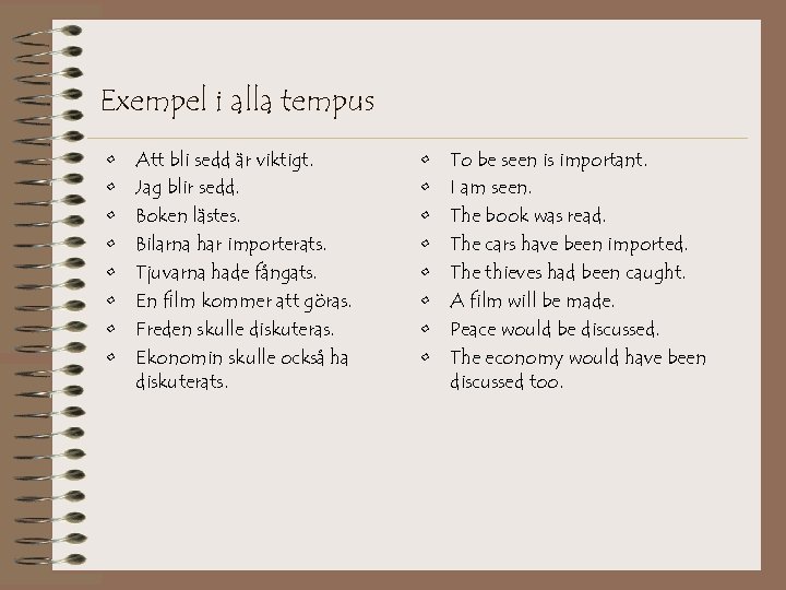 Exempel i alla tempus • • Att bli sedd är viktigt. Jag blir sedd.