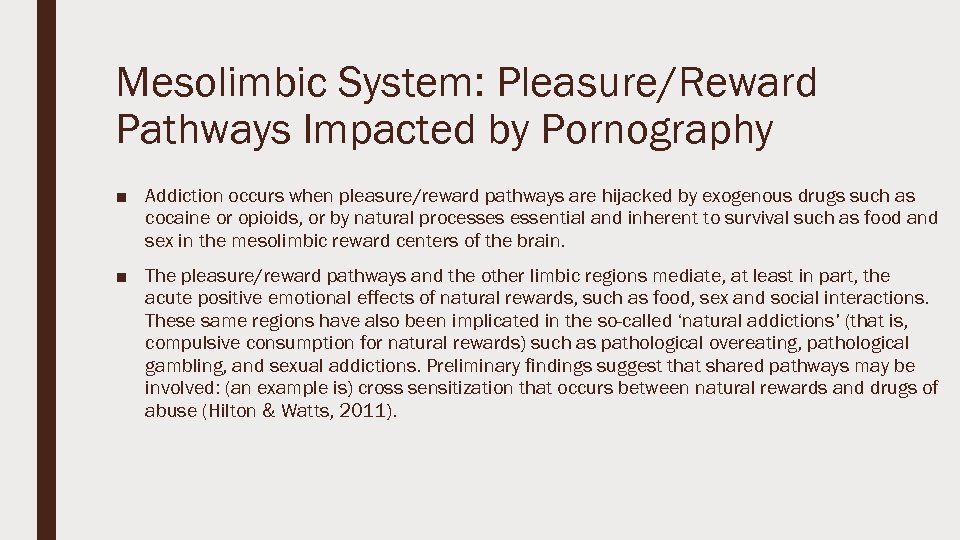 Mesolimbic System: Pleasure/Reward Pathways Impacted by Pornography ■ Addiction occurs when pleasure/reward pathways are