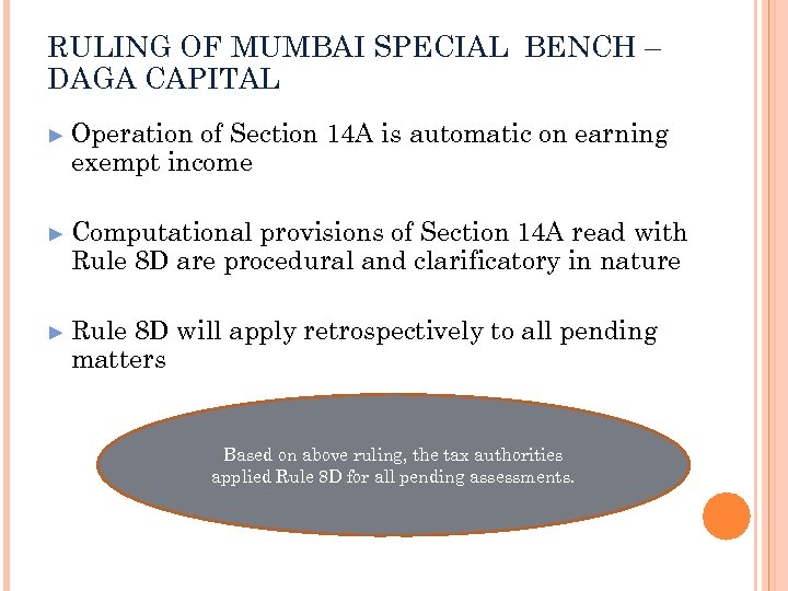 RULING OF MUMBAI SPECIAL BENCH – DAGA CAPITAL ► Operation of Section 14 A